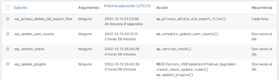 Vista de columnas de eventos de WP Crontrol