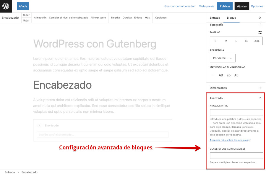 Configuración avanzada de bloques en Gutenberg