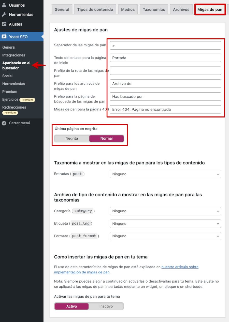 Migas de pan con Yoast SEO