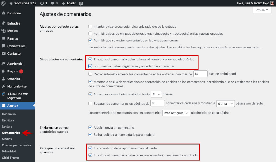 Opciones de configuración de comentarios para mitigar el spam