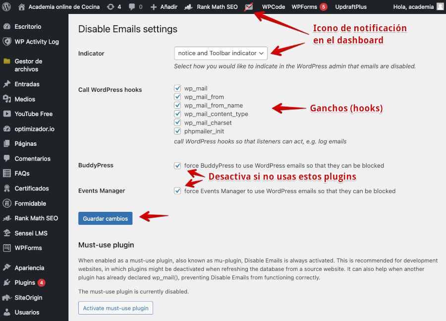 Configuración del plugin Disable Emails