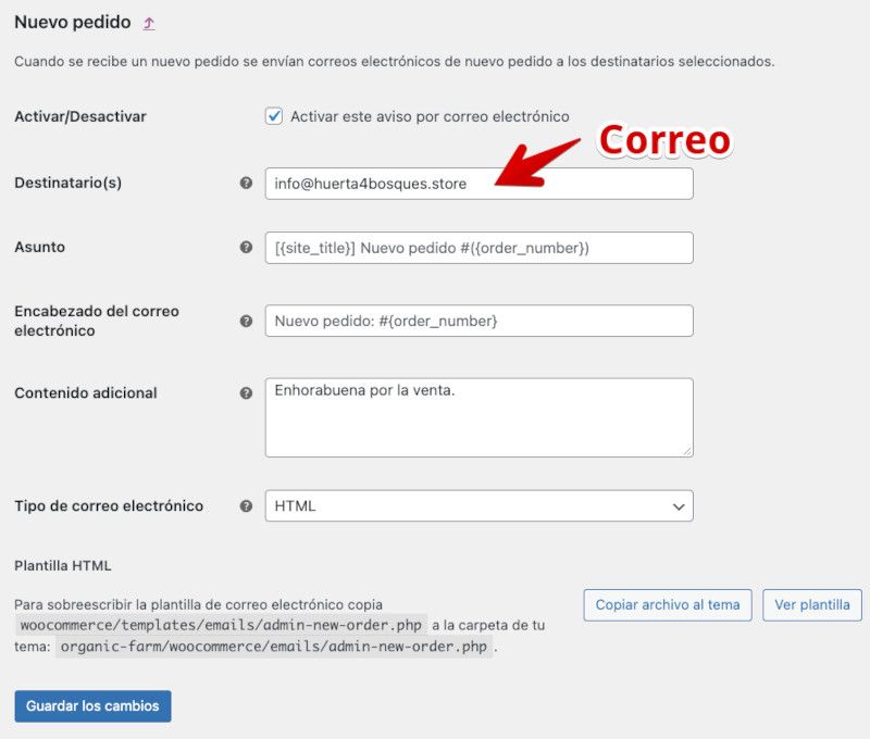 Configuración del email en las plantillas de correos de WooCommerce