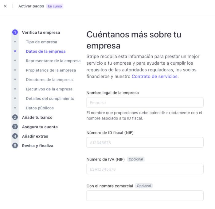 configuración de la cuenta en Stripe