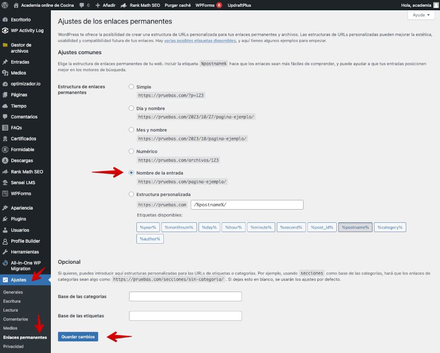 Configuración de enlaces permanentes en WordPress