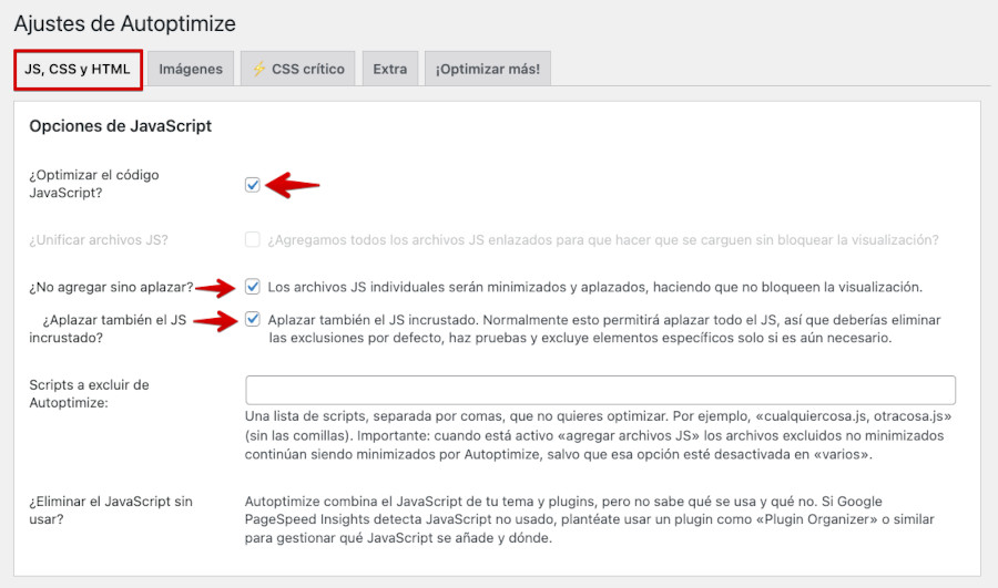 Configurar opciones JavaScript con el plugin Autoptimize