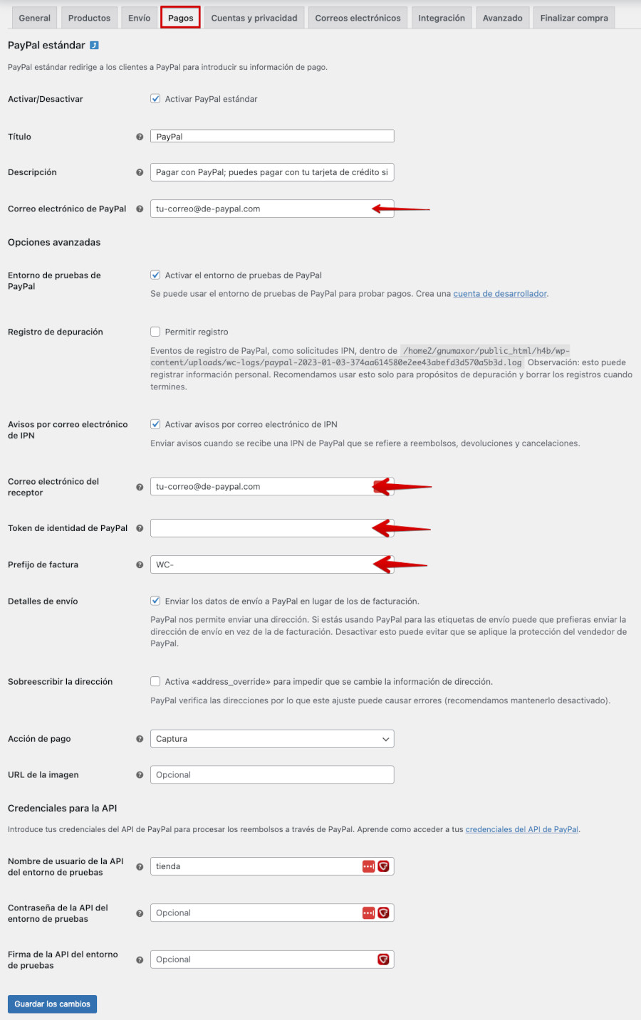 Configuración de la pasarela de Paypal en WooCommerce
