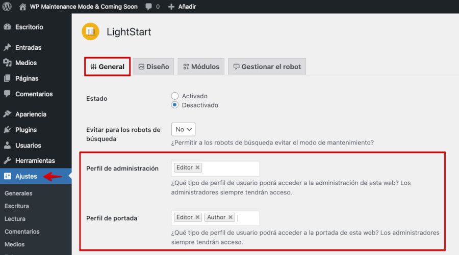 Roles que pueden acceder mientras el sitio esté cerrado por mantenimiento