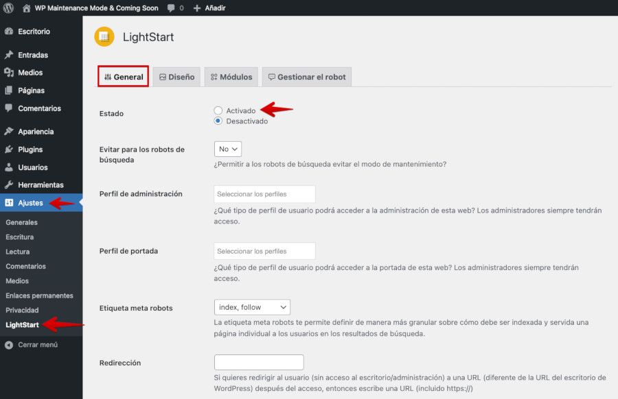 Activar el modo de mantenimiento desde el plugin LightStart