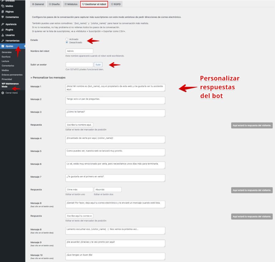 Configuración del bot del modo de mantenimiento