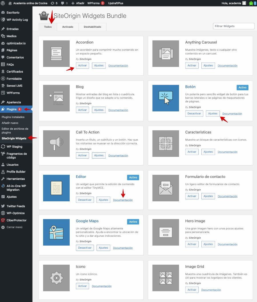 Configuración del plugin SiteOrigin Widgets Bundle