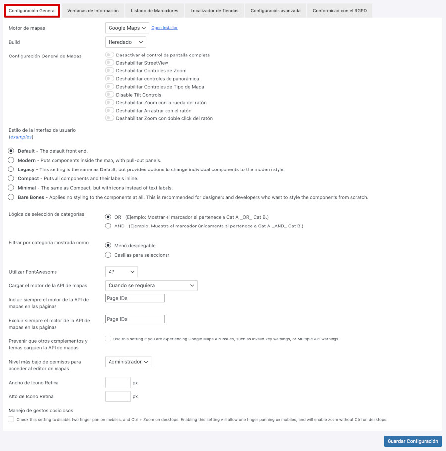 Configuración del plugin WP Go Maps