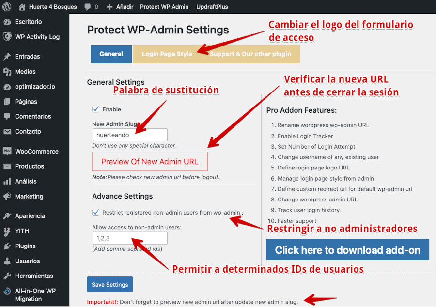 Configuración Plugin Protect WP Admin