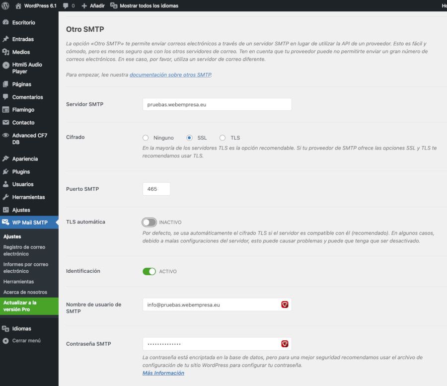 Datos de configuración de la cuenta de correo en el plugin de SMTP