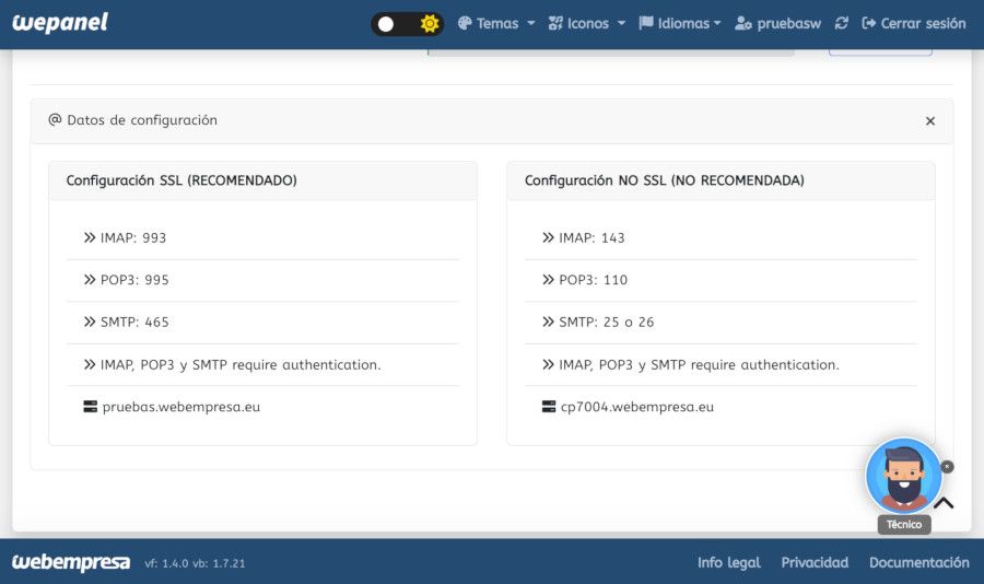 Datos de configuración de la cuenta de correo en wePanel