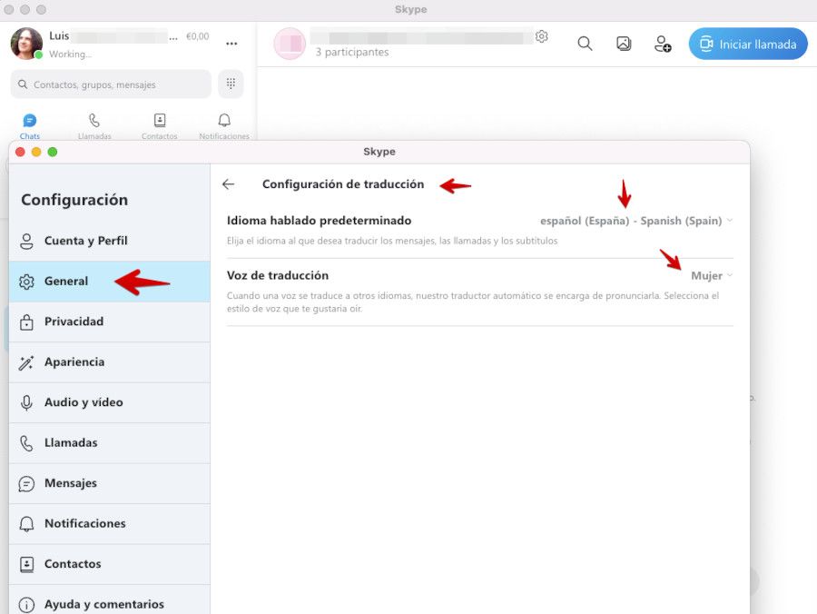 Configuración de traducción de conversación en Skype