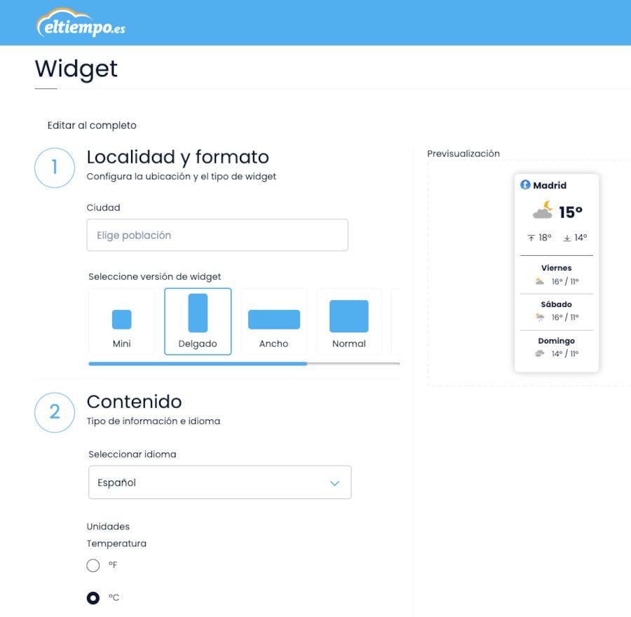 Ejemplo de configuración de un widget de El Tiempo