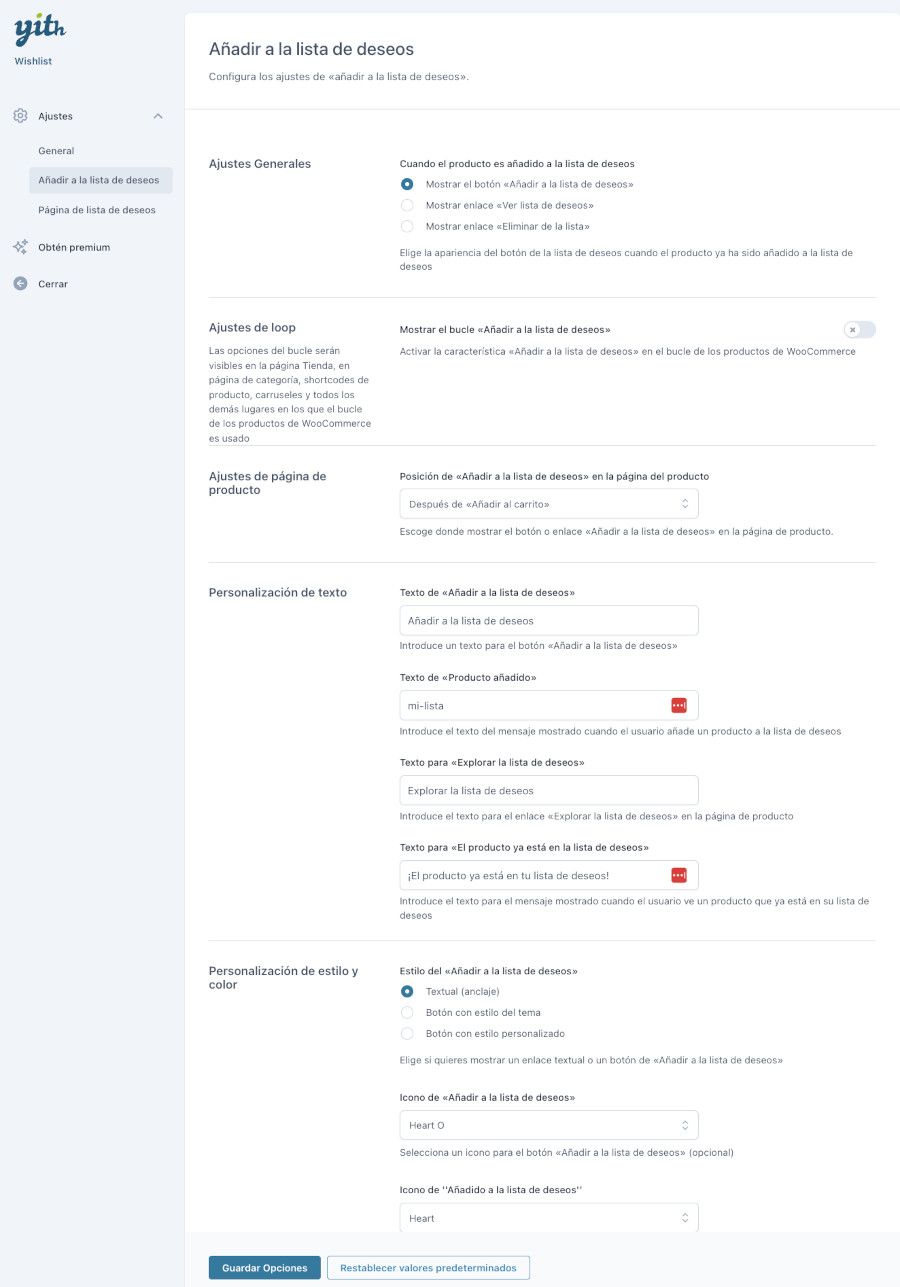 Configuraciones del plugin YITH WooCommerce Wishlist