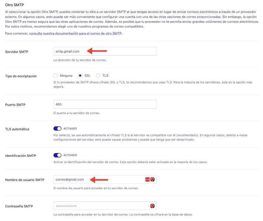 Configuración en el plugin Easy WP SMTP para Gmail