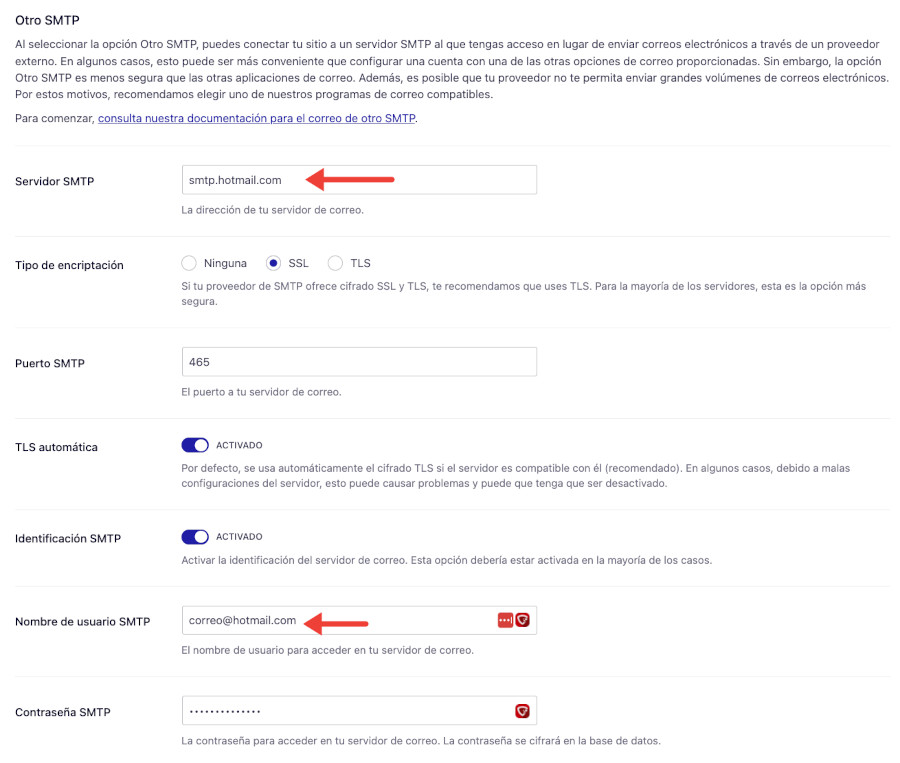 Configuración en el plugin Easy WP SMTP para Hotmail