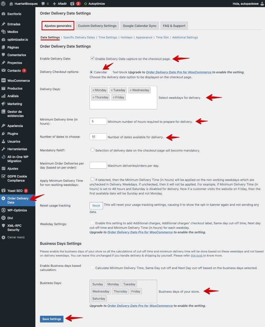 Configuraciones del plugin Order Delivery Date for WooCommerce