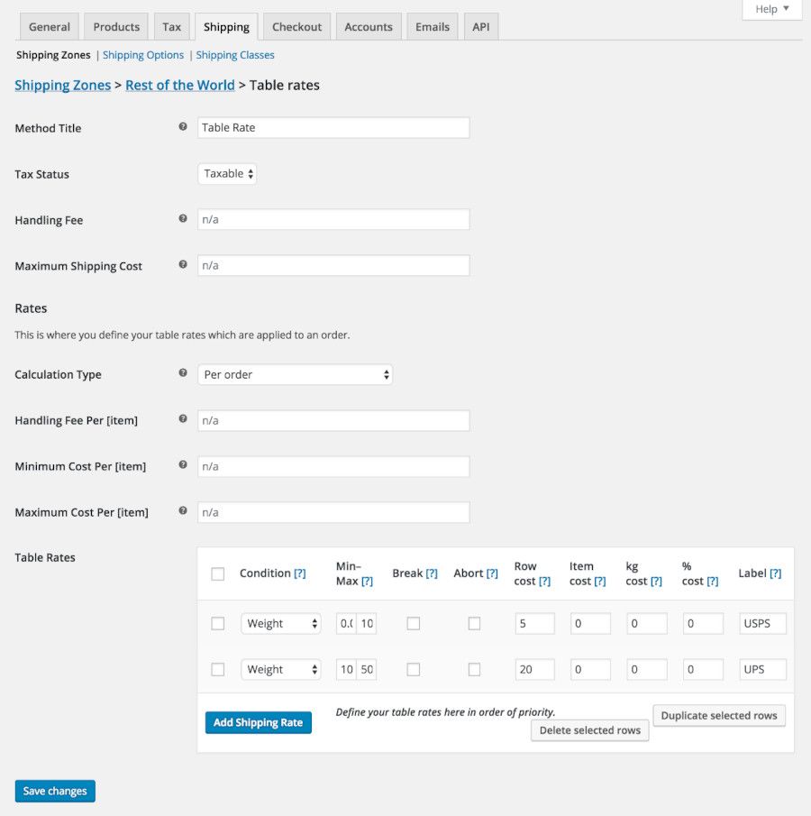 Configuraciones del plugin Tabla de tarifas de envío