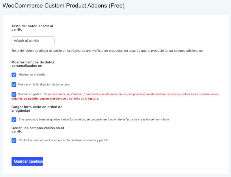 Configuraciones Product Addons for Woocommerce