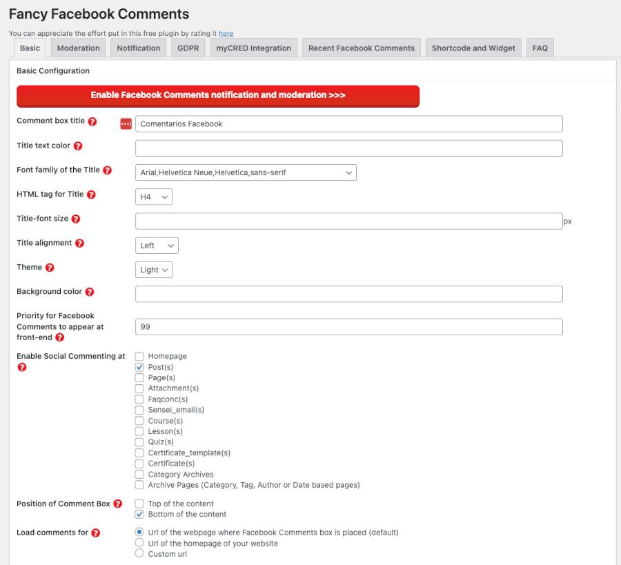 Configuraciones del plugin Fancy