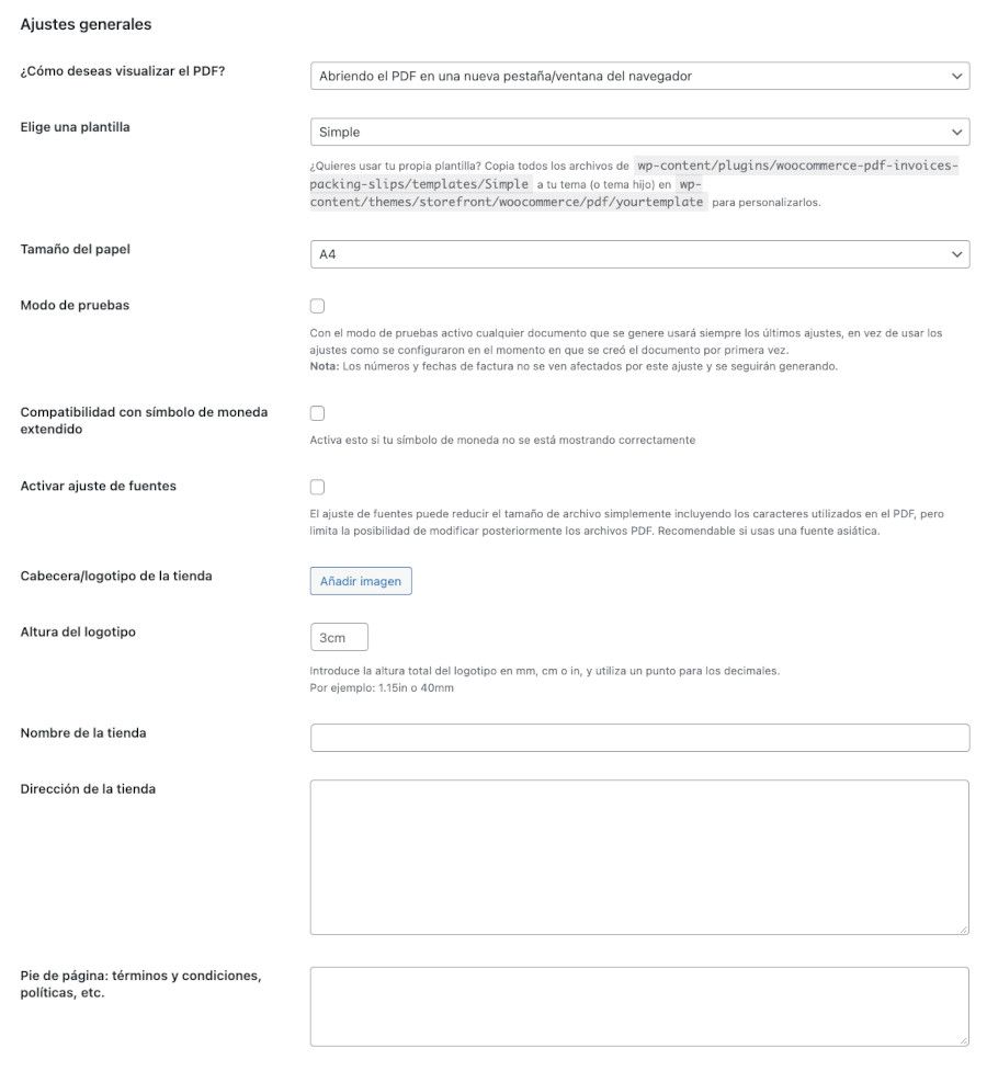 Configuraciones WooCommerce PDF Invoices & Packing Slips