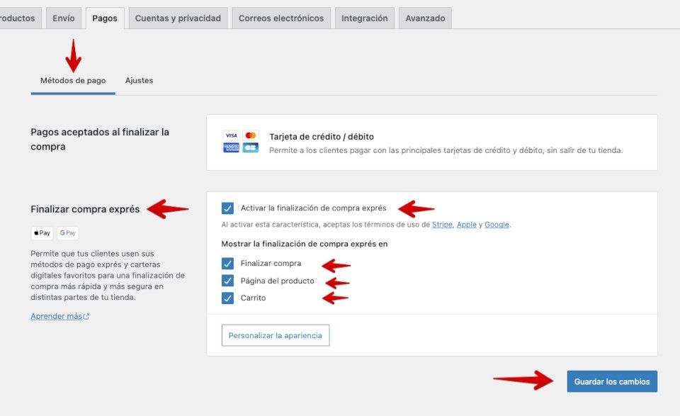 Configuraciones WooCommerce Stripe Payment Gateway