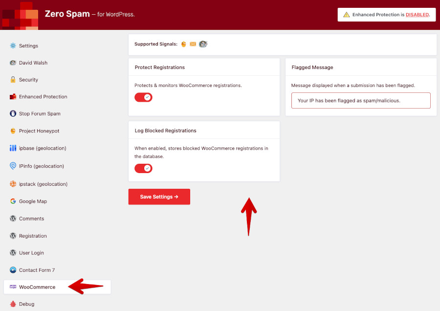 Configuraciones para WooCommerce del plugin Zero Spam for WordPress