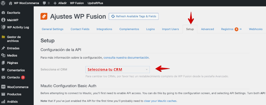 Configuraciones de CRM en WP Fusion