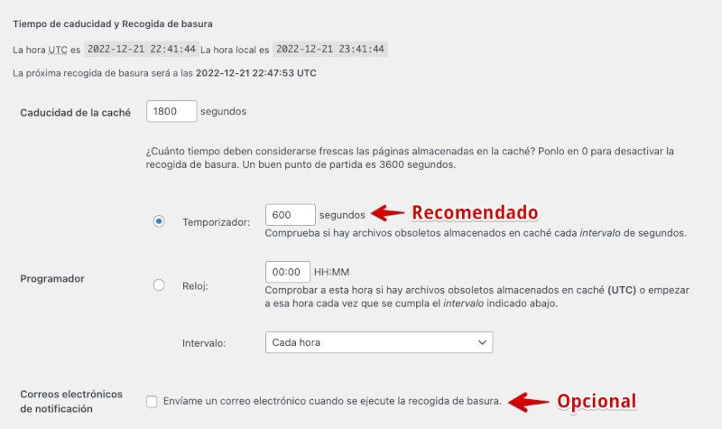 Configuración de la caducidad de la caché