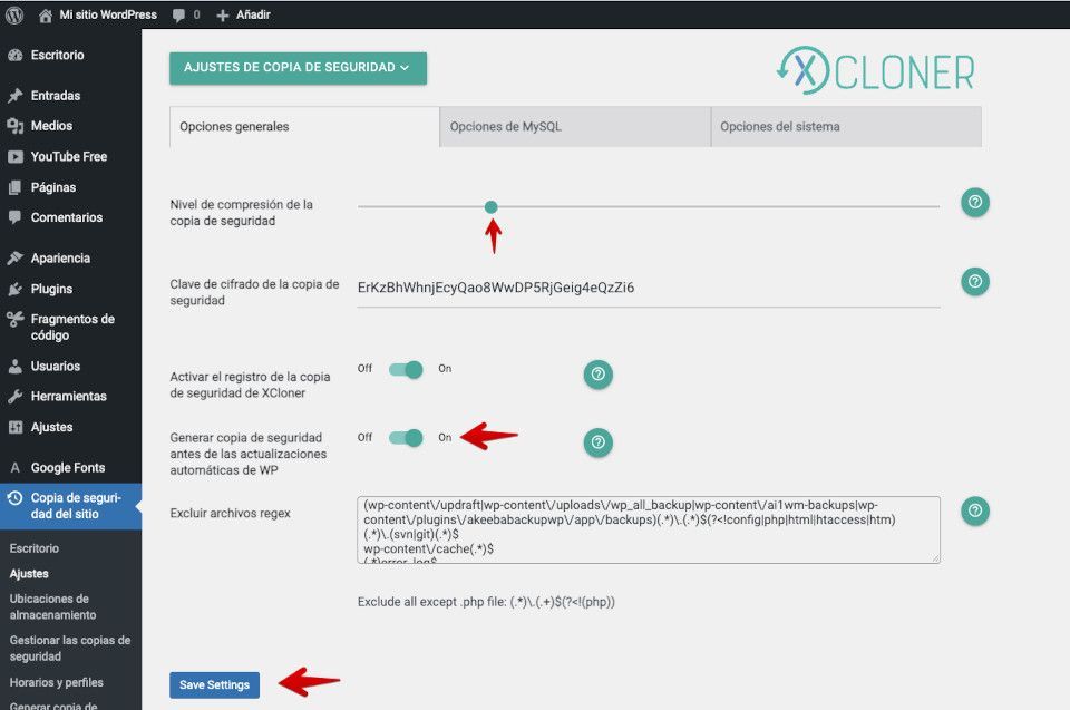 Configuraciones XCloner