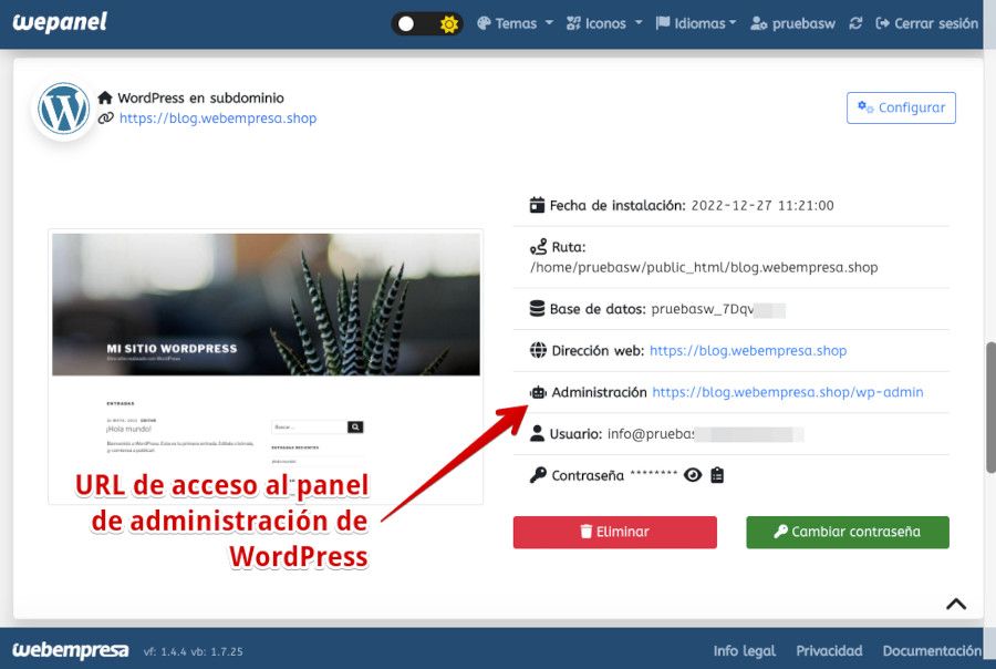 Datos de acceso a la instalación de WordPress en wePanel