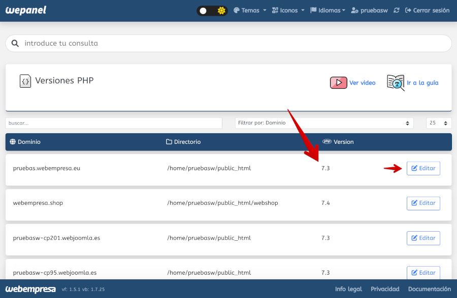 Seleccionar sitio para configurar la versión de PHP desde WePanel