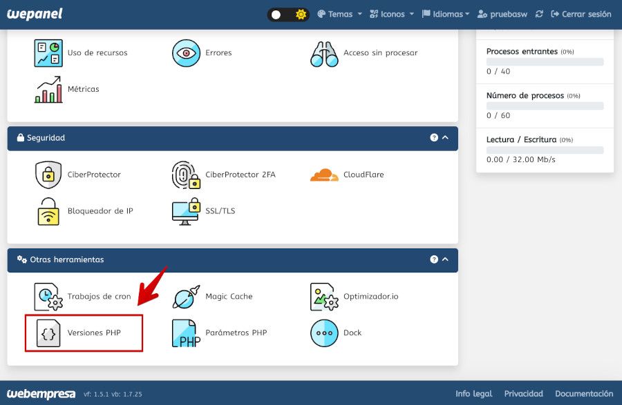 Configurar la versión de PHp desde WePanel