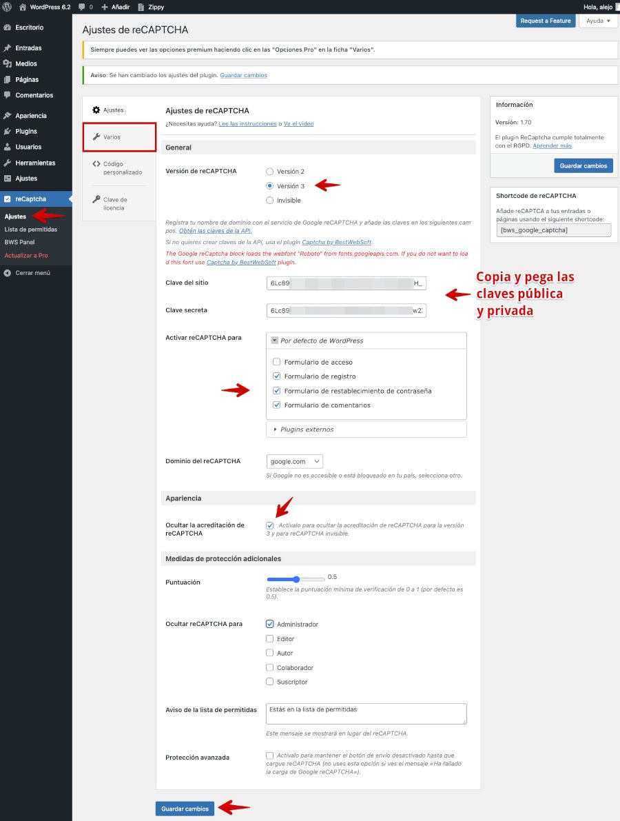 Configurar parámetros del plugin reCaptcha by BestWebSoft