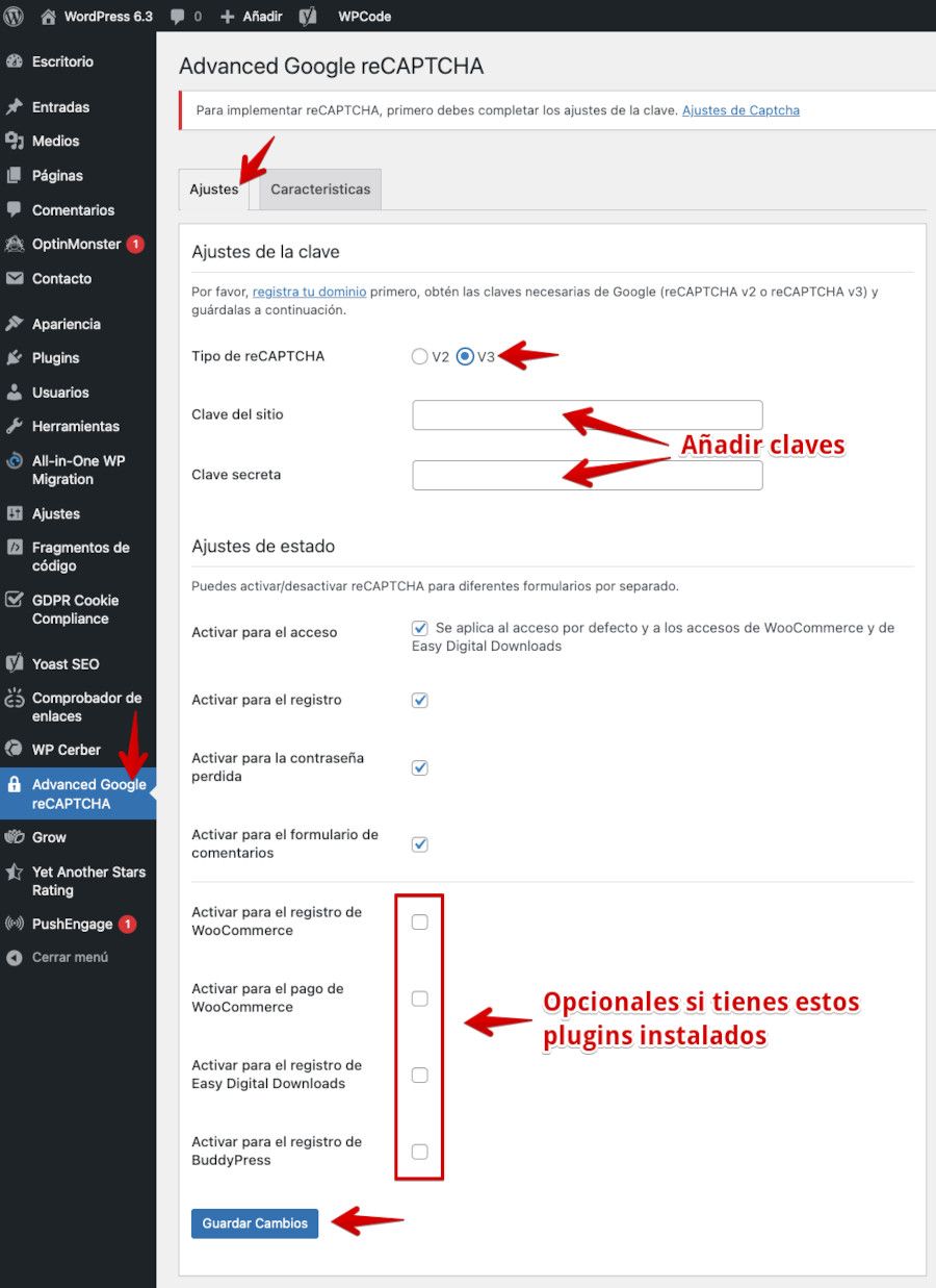 Configurar claves de reCAPTCHA en WordPress