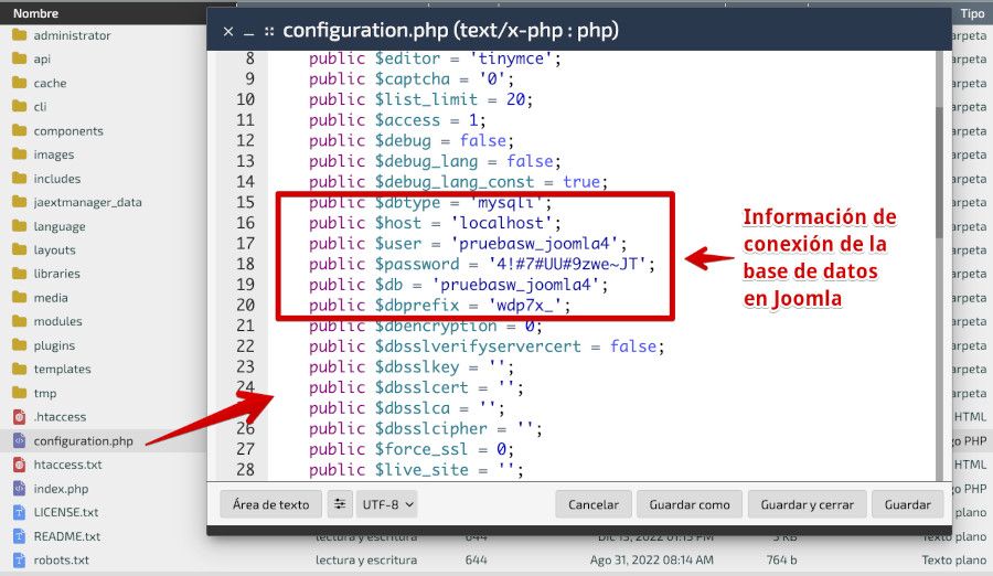 Datos de configuración de la base de datos en Joomla