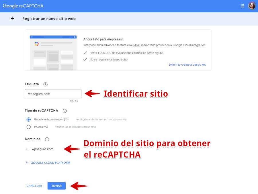 Consola de Administración de Google reCAPTCHA - Añadir sitio y dominio