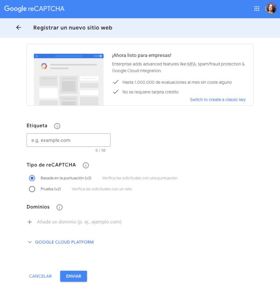 Consola de Administración de Google reCAPTCHA - Añadir sitio