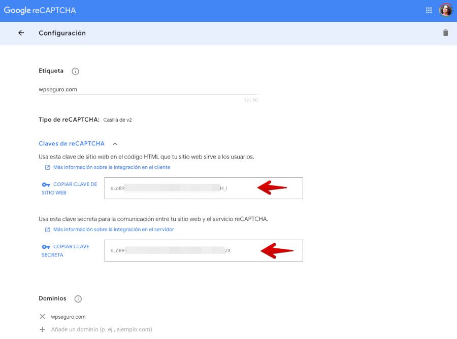 Consola de Administración de Google reCAPTCHA - Claves sitio