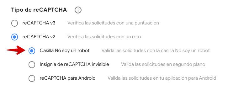 Consola de administración de Google reCAPTCHA - V2 No soy un robot