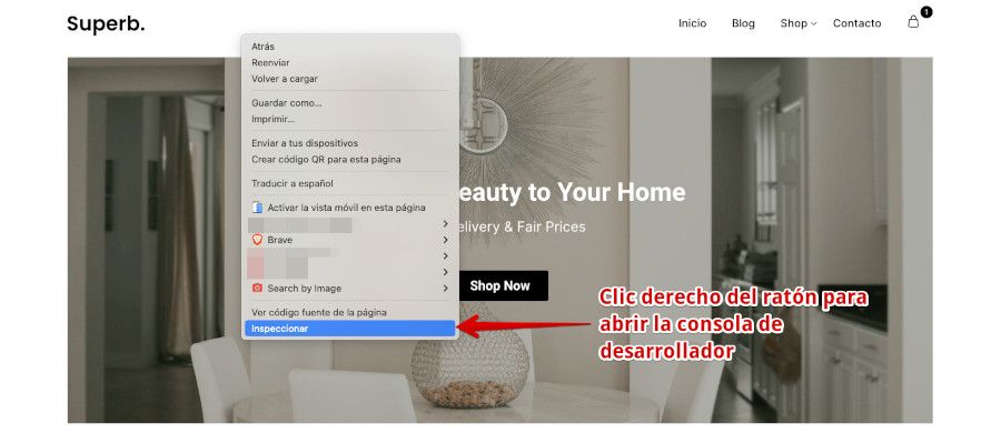 Abrir la consola de desarrollador haciendo clic derecho del ratón sobre el navegador