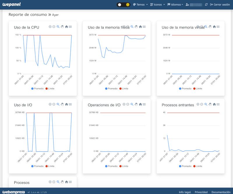 Vista de consumo de recursos desde el Panel de Hosting WePanel