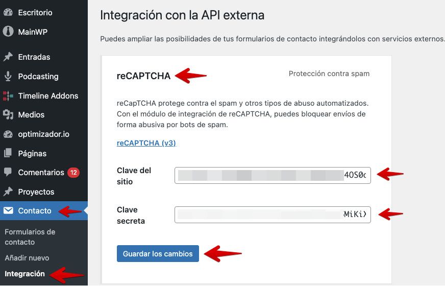 Contact Form 7 - Integración reCAPTCHA - Añadir Keys