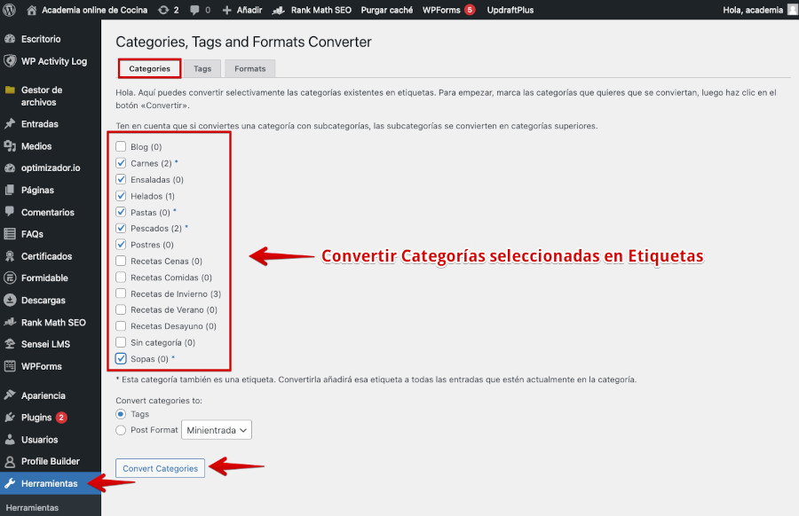 Convertir Categorías seleccionadas en Etiquetas