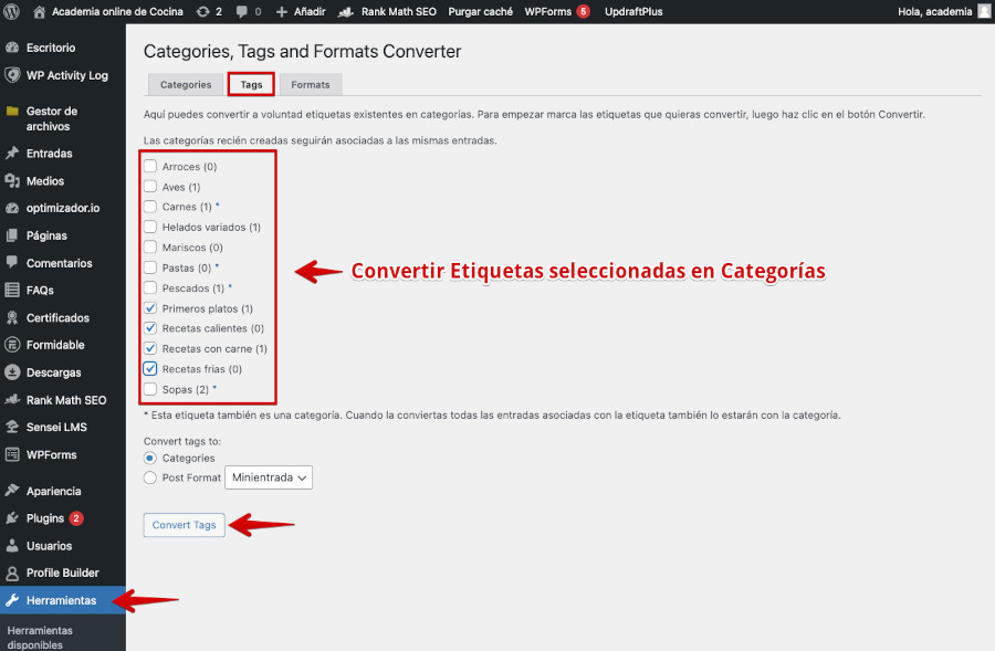 Convertir Etiquetas seleccionadas en Categorías