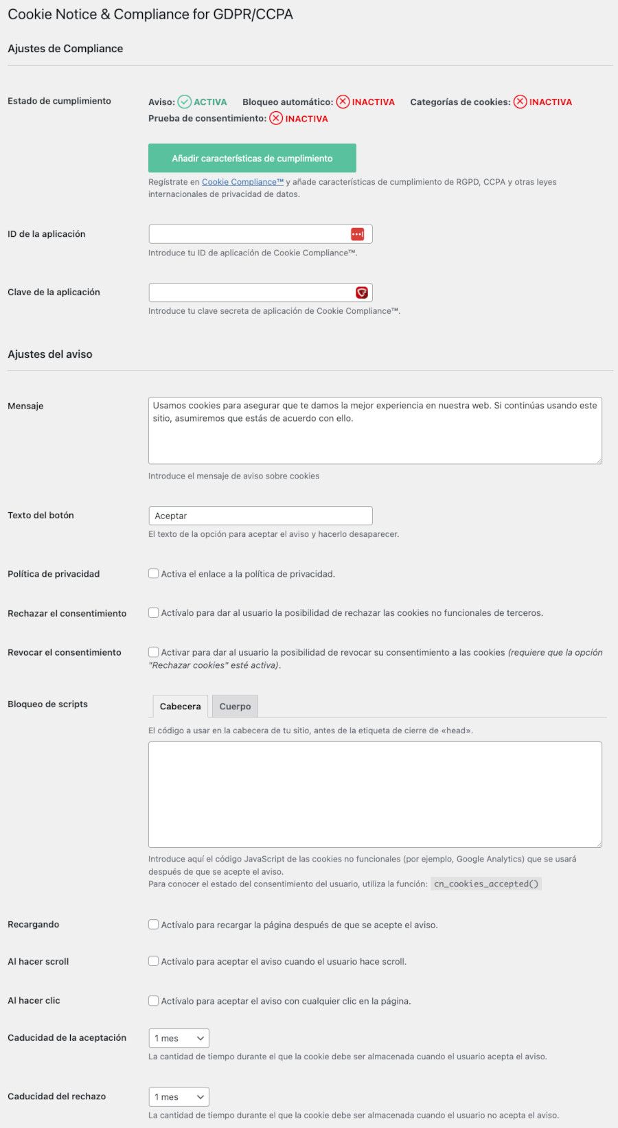 Ajustes del plugin Cookie Notice