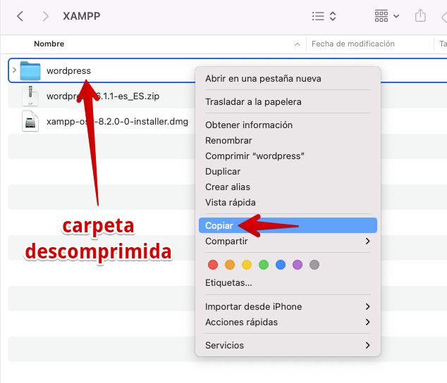 Copiar carpeta wordpress descomprimida